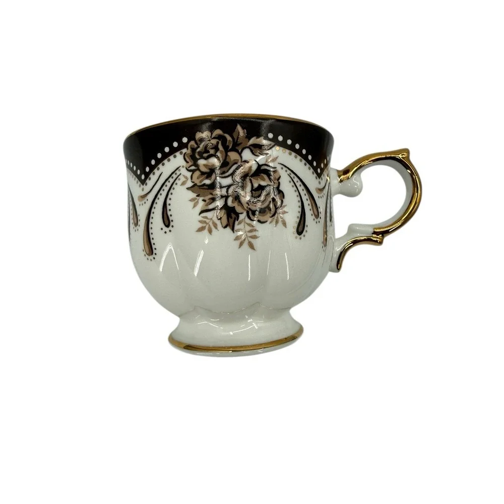Avon Honor‎ Society 1999 Teacup Saucer Black Gold Floral Victorian Lady Set